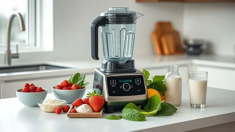 Photorealistic, professional photography, 8K, cinematic lighting, sharp focus, depth of field, shot on a high-end DSLR. A sleek, modern high-speed blender (like a Vitamix or Blendtec) on a clean, minimalist kitchen counter. Around it, neatly arranged, are various fresh and healthy ingredients for a smoothie: a small bowl of colorful berries, a container of protein powder, a handful of spinach, and a glass of almond milk. The scene is bright and well-lit, emphasizing efficiency, health, and modern kitchen aesthetics.