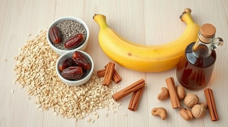 A photorealistic, professional photography shot of various healthy ingredients for baking laid out on a clean, light wooden surface. This includes large rolled oats, a bowl of chia seeds, flax seeds, fresh dates, a ripe banana, a bottle of maple syrup, cinnamon sticks, and a handful of walnuts. The composition is aesthetically pleasing, with natural light, sharp focus on the ingredients, and a shallow depth of field. 8K, cinematic lighting, shot on a high-end DSLR.
