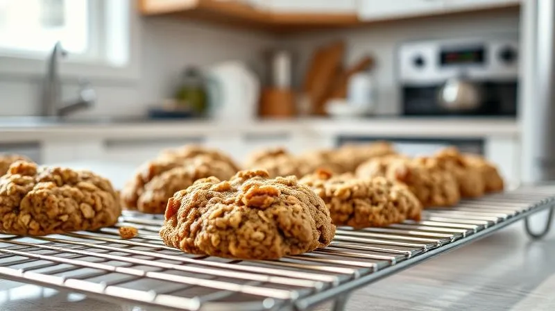 A photorealistic, professional photography shot of freshly baked oatmeal cookies cooling on a wire rack on a kitchen counter. Steam is subtly rising from some of the cookies. The background shows a modern, clean kitchen with soft, diffused natural light. Sharp focus on the cookies, with a shallow depth of field. 8K, cinematic lighting, shot on a high-end DSLR.