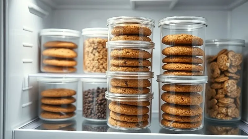 A photorealistic, professional photography shot of a variety of oatmeal cookies neatly stacked and stored in clear, airtight glass containers on a minimalist kitchen shelf. Some containers are in a refrigerator, showing organized healthy snacks. The lighting is bright and clean, emphasizing freshness and order. Sharp focus on the containers, with a shallow depth of field. 8K, cinematic lighting, shot on a high-end DSLR.