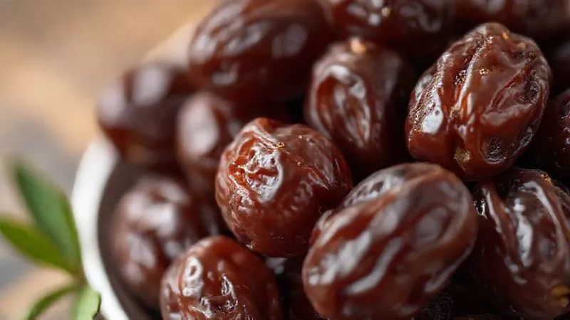 A close-up, photorealistic, professional photography shot of a cluster of fresh, plump Medjool dates, glistening slightly, with a soft, natural light highlighting their texture. The background is softly blurred, emphasizing the natural beauty and quality of the dates. 8K, cinematic lighting, sharp focus, depth of field, shot on a high-end DSLR.
