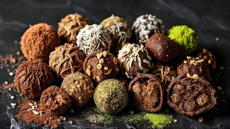 A vibrant, photorealistic, professional photography shot of an assortment of beautifully crafted date truffles, each with a different coating – some with cocoa powder, some with shredded coconut, some with chopped nuts, and a few with green matcha powder. Arranged artfully on a dark stone background, with soft, directional light. 8K, cinematic lighting, sharp focus, depth of field, shot on a high-end DSLR.