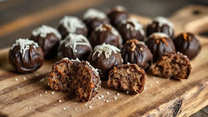A slightly imperfect, yet still appealing, batch of homemade date truffles on a rustic wooden board, some showing a bit too much stickiness, others a slight crumble, alongside a few perfect ones. The scene conveys the reality of home cooking and the learning process, with soft, natural light. 8K, cinematic lighting, sharp focus, depth of field, shot on a high-end DSLR.
