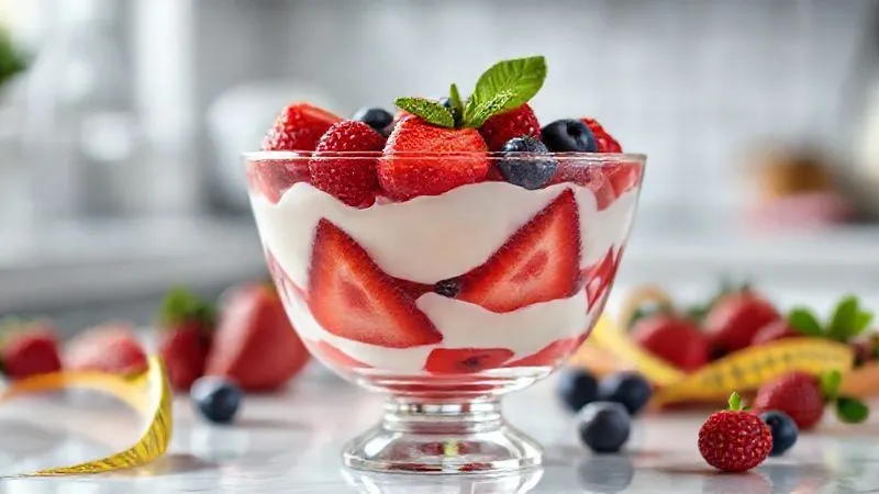 Photorealistic professional photography of a vibrant, layered fruit jelly dessert in a elegant glass bowl, with a creamy white protein layer visible, garnished with fresh berries (strawberries, blueberries, raspberries) and mint leaves. The setting is bright and clean, with soft, natural cinematic lighting highlighting the textures. Sharp focus on the dessert, with a shallow depth of field blurring a subtle background hint of a kitchen or dining area, perhaps a small, out-of-focus measuring tape or a fitness magazine. 8K hyper-detailed, shot on a high-end DSLR.