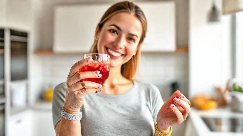 Photorealistic professional photography of a woman smiling confidently, holding a small glass of protein fruit jelly, in a bright, modern kitchen. The woman looks healthy and happy, with a subtle hint of a measuring tape or fitness tracker on her wrist. Soft, natural lighting. Sharp focus on the woman and the dessert, with a blurred background. 8K hyper-detailed, shot on a high-end DSLR.