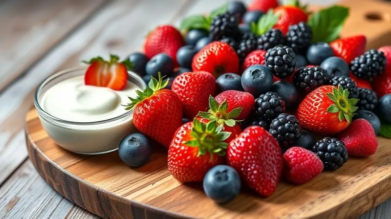 A vibrant, photorealistic, professional photography, 8K, cinematic lighting, sharp focus, depth of field, shot on a high-end DSLR of a colourful assortment of fresh berries (strawberries, blueberries, raspberries, blackberries) neatly arranged on a rustic wooden board next to a small bowl of Greek yogurt. The light is soft and inviting, highlighting the natural textures and colours of the fruit.