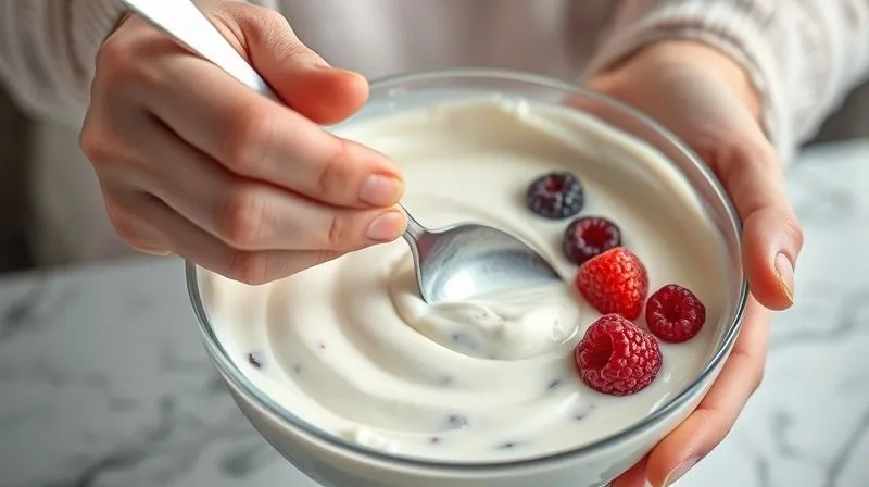 A close-up, photorealistic, professional photography, 8K, cinematic lighting, sharp focus, depth of field, shot on a high-end DSLR of a person's hands gently stirring a bowl of creamy fruit yogurt with a spoon. The yogurt is light and fluffy, mixed with colourful berry pieces. The focus is on the action of mixing, suggesting preparation and healthy eating.