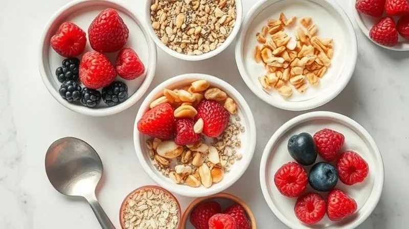 A beautifully arranged, photorealistic, professional photography, 8K, cinematic lighting, sharp focus, depth of field, shot on a high-end DSLR of various healthy yogurt toppings in small, elegant bowls. This includes vibrant fresh berries, chopped nuts, chia seeds, a spoonful of rolled oats, and a small container of natural sweetener. The composition is clean, organized, and highlights healthy choices.