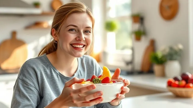 A photorealistic, professional photography, 8K, cinematic lighting, sharp focus, depth of field, shot on a high-end DSLR of a person enjoying a bowl of fruit yogurt in a cozy, modern kitchen setting during a sunny morning. The light highlights the fresh ingredients, and the person's expression is one of calm satisfaction and health. Focus on the feeling of well-being.