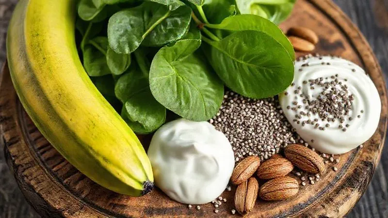 Photorealistic close-up of various low-GI smoothie ingredients: a slightly green banana, fresh spinach leaves, chia seeds, Greek yogurt, and a few almonds, arranged aesthetically on a rustic wooden board, cinematic lighting, sharp focus, 8K.