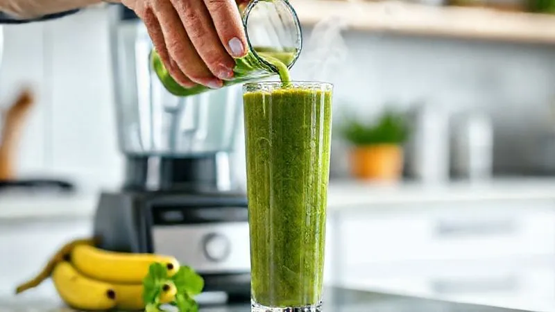 A photorealistic professional photography, 8K, cinematic lighting, sharp focus, depth of field, shot on a high-end DSLR, of a person pouring a freshly blended, thick green banana smoothie into a tall glass. The blender is visible in the background, steam (or a slight mist) rising, suggesting freshness and activity. The setting is a modern, clean kitchen, conveying efficiency and health.