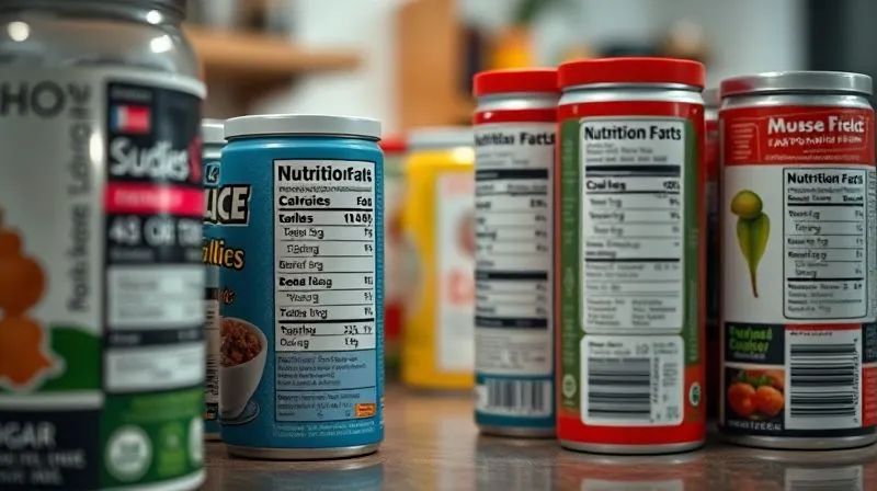 A photorealistic close-up of various food labels with nutritional information, some with sugar content highlighted in red, on a blurred background of a kitchen counter. Professional photography, 8K, cinematic lighting, sharp focus, depth of field, shot on a high-end DSLR.