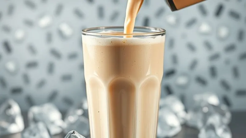 A photorealistic, professional photography of a perfectly blended, thick, and creamy protein shake being poured into a tall glass, showcasing its smooth texture. Ice cubes are visible in the background, with cinematic lighting, sharp focus, depth of field, 8K hyper-detailed, shot on a high-end DSLR.