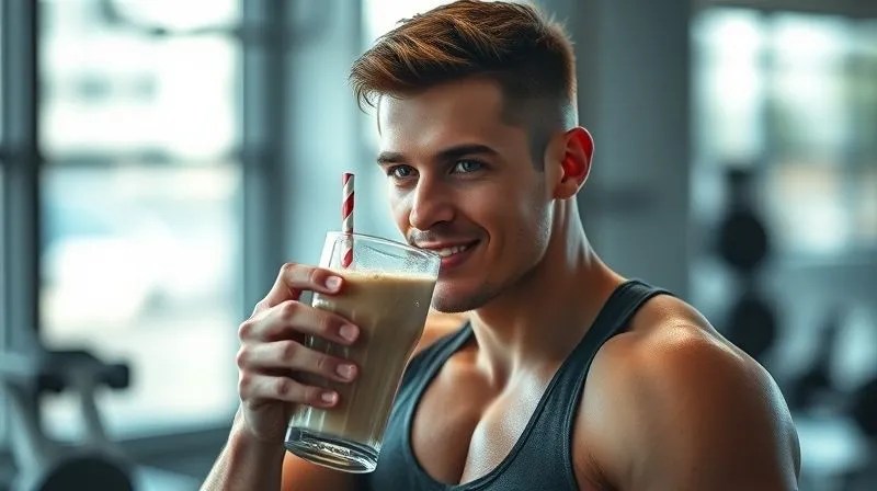 A photorealistic, professional photography of a fit person enjoying a delicious protein shake after a workout in a modern gym setting. The person looks refreshed and satisfied, with cinematic lighting, sharp focus on the shake and the person's face, depth of field, 8K hyper-detailed, shot on a high-end DSLR.