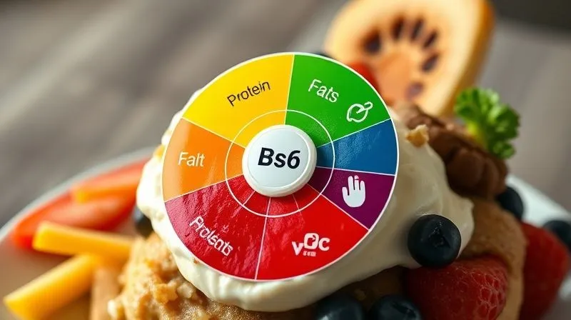 A photorealistic image of a detailed infographic showing the ideal macronutrient breakdown for a healthy dessert, with vibrant icons representing proteins, fats, and carbohydrates, arranged in a balanced wheel, cinematic lighting, sharp focus, depth of field, 8K hyper-detailed.