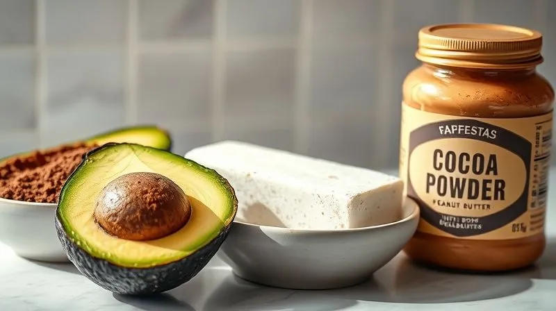 A close-up photorealistic shot of various healthy ingredients for a fit chocolate cream: a perfectly ripe avocado cut in half, a bowl of unsweetened cocoa powder, a block of silken tofu, and a jar of 100% peanut butter, all bathed in soft, natural light on a minimalist kitchen counter, professional photography, 8K, cinematic lighting, sharp focus, depth of field.