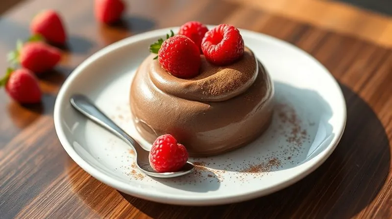 A photorealistic image of a beautifully plated serving of the fit chocolate cream, garnished with fresh raspberries and a sprinkle of cocoa powder, presented on a minimalist white plate, with a small spoon, natural daylight, professional food photography, 8K, cinematic lighting, sharp focus, depth of field.