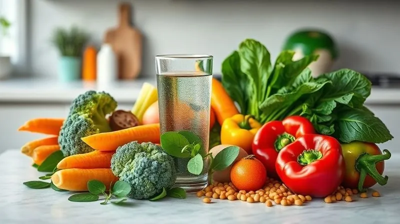 photorealistic, professional photography, 8K, cinematic lighting, sharp focus, depth of field, shot on a high-end DSLR of a vibrant assortment of fresh, raw soup ingredients: colorful vegetables like broccoli, carrots, spinach, and red bell peppers, alongside lean protein sources like chicken breast or lentils, and a clear glass of water, all artfully arranged on a clean kitchen counter.