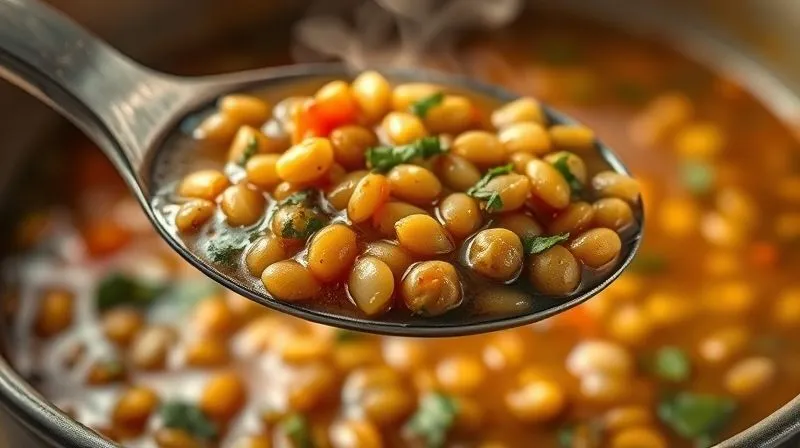 photorealistic, professional photography, 8K, cinematic lighting, sharp focus, depth of field, shot on a high-end DSLR of a close-up on a spoonful of rich, hearty lentil soup, showing the texture of lentils, diced vegetables, and herbs. The steam rises gently, and the background is slightly blurred, focusing on the wholesome ingredients.