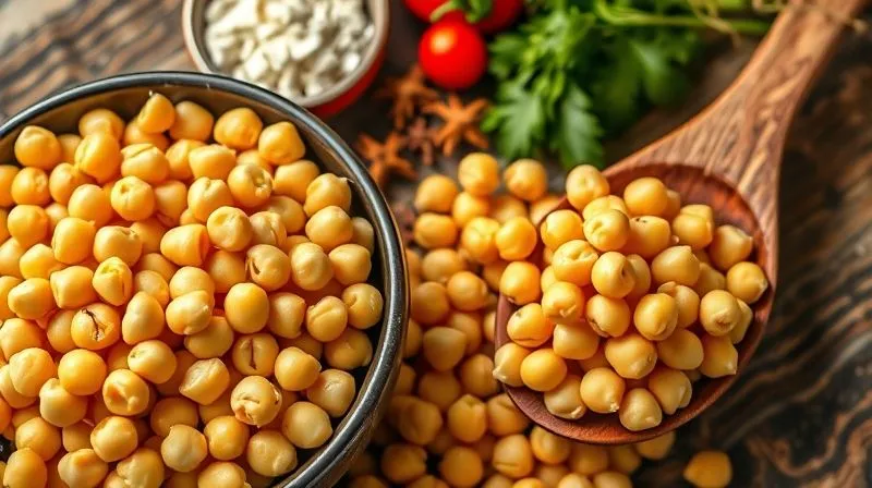 Photorealistic, professional photography, 8K, cinematic lighting, sharp focus, depth of field. A visually appealing close-up of a bowl of cooked chickpeas, next to a pile of raw chickpeas on a wooden spoon, with a background of various fresh spices and herbs, emphasizing healthy ingredients.