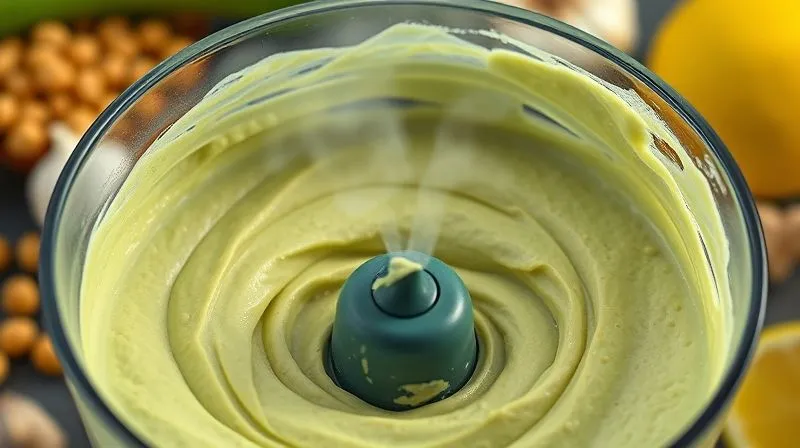 Photorealistic, professional photography, 8K, cinematic lighting, sharp focus, depth of field. A close-up shot of a blender mixing creamy, light green hummus, with visible swirling texture. Steam or cold vapor subtly rising, emphasizing freshness. Ingredients like chickpeas, lemon, and garlic are blurred in the background, creating depth.