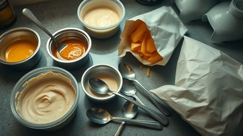 Photorealistic, professional photography, 8K, cinematic lighting, sharp focus, depth of field. A high-angle shot of a kitchen counter with various empty containers of processed hummus, discarded oily spoons, and a half-eaten bag of greasy chips, symbolizing common pitfalls in healthy eating. The lighting is dim and slightly melancholic.