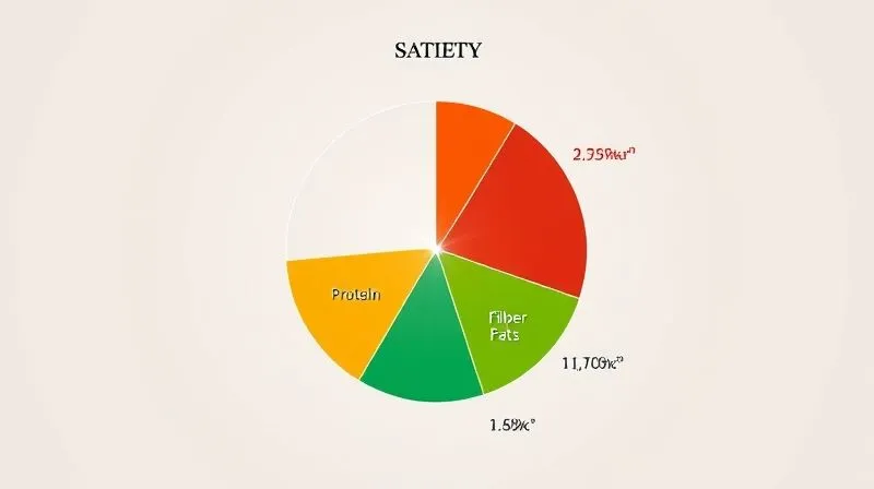 Photorealistic, professional photography, 8K, cinematic lighting, sharp focus, depth of field, shot on a high-end DSLR. A visually appealing infographic showing a pie chart divided into protein, fiber, healthy fats, and complex carbohydrates, with a glowing central point representing 'satiety'. The background is clean and minimalist, emphasizing the data.