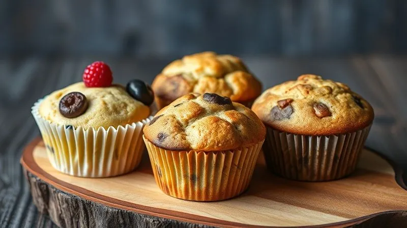 Photorealistic, professional photography, 8K, cinematic lighting, sharp focus, depth of field, shot on a high-end DSLR. A vibrant, colorful array of three different types of protein muffins on a rustic wooden board. One is a classic vanilla, another a dark chocolate, and the third a spiced apple. Each muffin is perfectly baked and garnished appropriately (e.g., a few berries, a sprinkle of cocoa, a dash of cinnamon). The setting suggests a healthy and delicious snack.