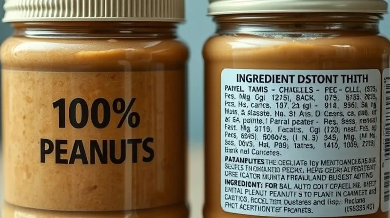 Photorealistic close-up of two jars of peanut butter: one with a simple label "100% Peanuts" and another with a complex ingredient list, side-by-side, emphasizing clarity versus additives. Cinematic lighting, sharp focus, 8K.