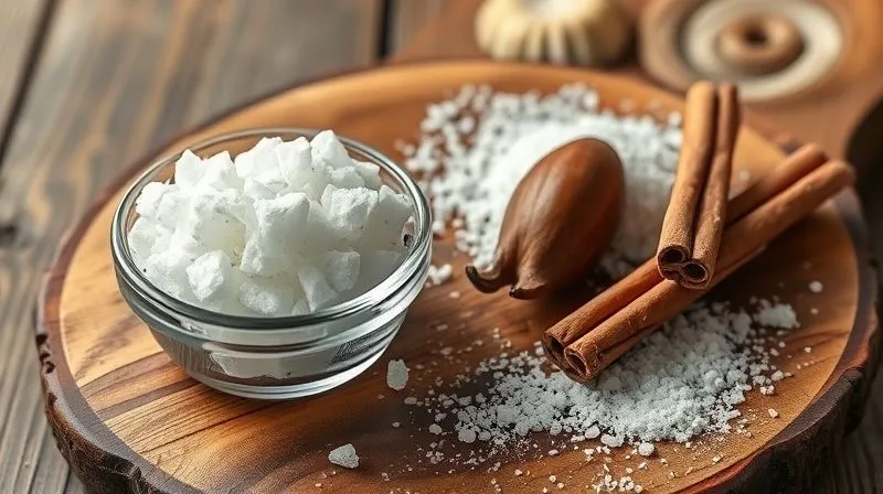 A photorealistic still life of various natural sweeteners: a bowl of erythritol crystals, a vanilla bean, and cinnamon sticks, artfully arranged on a rustic wooden board. Soft, inviting cinematic lighting, sharp focus, 8K.