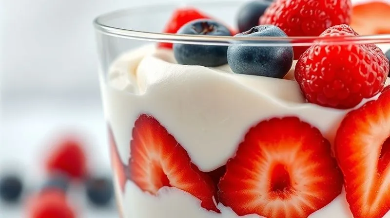 A close-up, photorealistic image of a vibrant, low-calorie peanut butter and berry parfait in a clear glass, showing distinct layers of yogurt, peanut butter cream, and fresh berries. Bright, natural cinematic lighting, sharp focus, 8K.