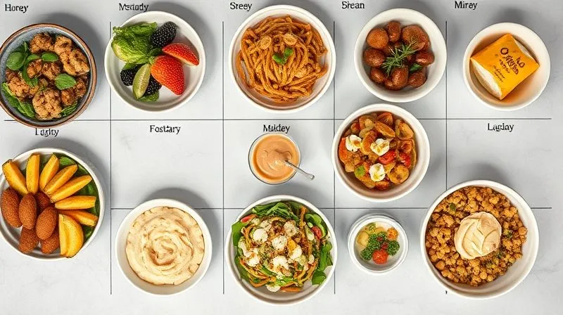 A photorealistic overhead shot of a balanced meal plan for a week, featuring small, appealing portions of various healthy dishes, including a small, elegant low-calorie peanut butter dessert. The layout suggests organization and mindful eating. Soft, even cinematic lighting, sharp focus, 8K.