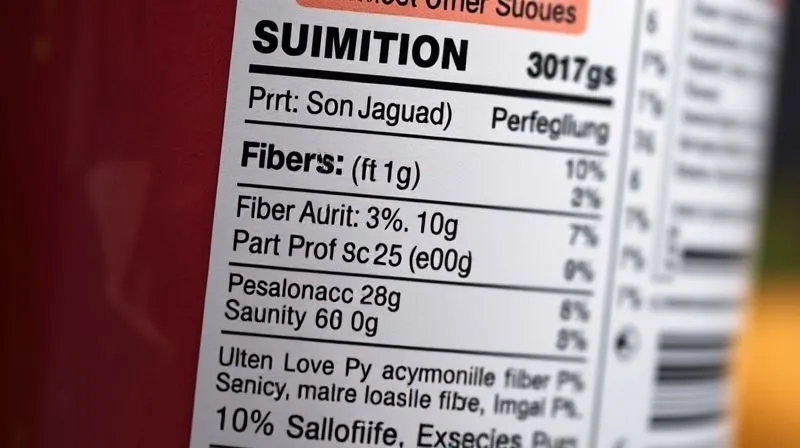 A close-up, photorealistic image of a nutrition label from a smoothie ingredient, highlighting protein, fiber, and calorie content. Professional photography, 8K, cinematic lighting, sharp focus on the label, depth of field blurring the background, shot on a high-end DSLR.