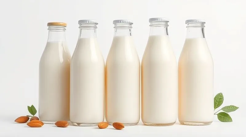 A professional studio shot of various milk alternatives (unsweetened almond milk, unsweetened soy milk, skim cow's milk) in elegant glass bottles, arranged neatly on a minimalist white background. Focus on clean lines and healthy aesthetic. Photorealistic, 8K, cinematic lighting, sharp focus, depth of field, shot on a high-end DSLR.