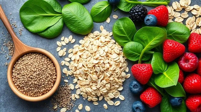A vibrant, photorealistic flat lay image showcasing various high-fiber ingredients for smoothies: a small bowl of chia seeds, a spoonful of ground flaxseed, a handful of rolled oats, fresh spinach leaves, and a scattering of mixed berries. Professional photography, 8K, cinematic lighting, sharp focus, depth of field, shot on a high-end DSLR.