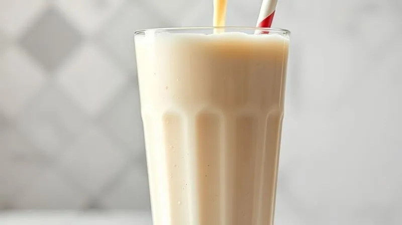 A photorealistic close-up of a thick, creamy, low-calorie milkshake being poured into a tall glass, showing its rich, luxurious texture. Steam might be subtly rising from the glass, suggesting a perfectly chilled drink. Professional photography, 8K, cinematic lighting, sharp focus, depth of field, shot on a high-end DSLR.