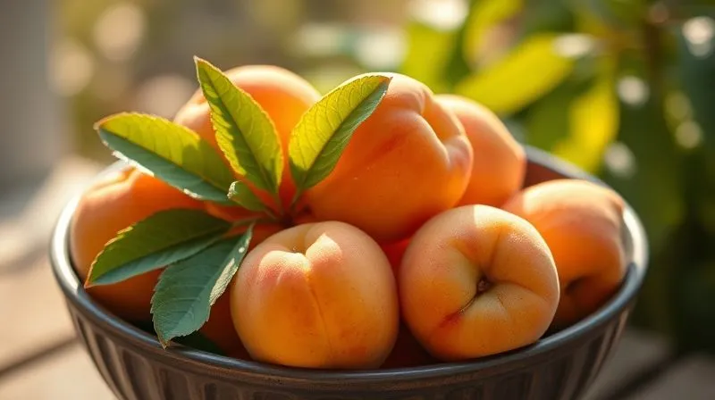 photorealistic, professional photography, 8K, cinematic lighting, sharp focus, depth of field, shot on a high-end DSLR of a bowl of fresh, ripe, vibrant orange apricots with a few green leaves, glistening with morning dew. The sunlight gently illuminates them, creating a warm, inviting glow. The background is softly blurred, hinting at a summer garden.