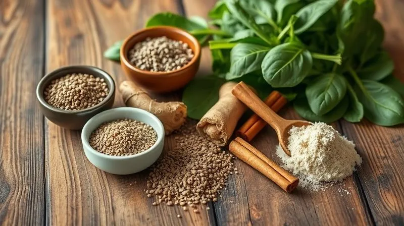 photorealistic, professional photography, 8K, cinematic lighting, sharp focus, depth of field, shot on a high-end DSLR of a rustic wooden table featuring an array of healthy smoothie additions: a small bowl of chia seeds, another with ground flaxseed, a scoop of vanilla protein powder, a root of fresh ginger, cinnamon sticks, and a small pile of fresh spinach leaves. The composition is clean and inviting, with natural light highlighting the textures.