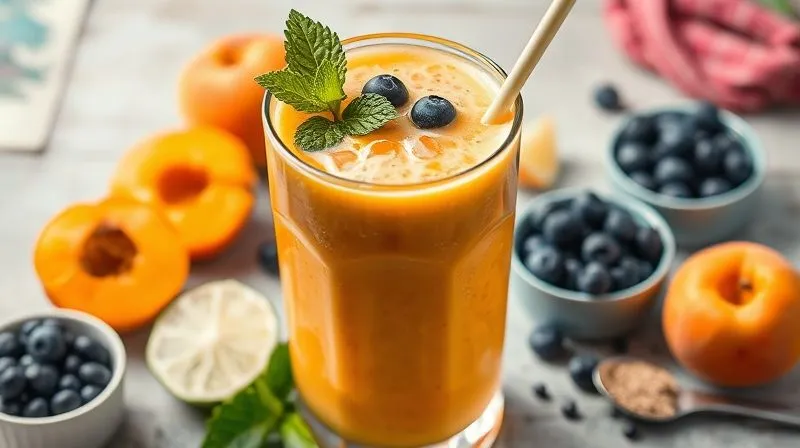 photorealistic, professional photography, 8K, cinematic lighting, sharp focus, depth of field, shot on a high-end DSLR of a vibrant, custom-made apricot smoothie with various small bowls of additional ingredients around it, suggesting customization. These include fresh mint leaves, a slice of lime, a small pile of blueberries, a spoonful of spirulina powder, and a tiny grater with nutmeg. The scene is bright and creative.