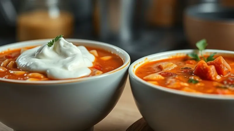 Photorealistic image of a traditional, creamy tomato soup with a large dollop of full-fat sour cream and white pasta, contrasting with a lighter, vibrant version of tomato soup with fresh herbs and lean protein. The background shows a blurry kitchen setting. 8K, cinematic lighting, sharp focus on the two bowls, depth of field, shot on a high-end DSLR.