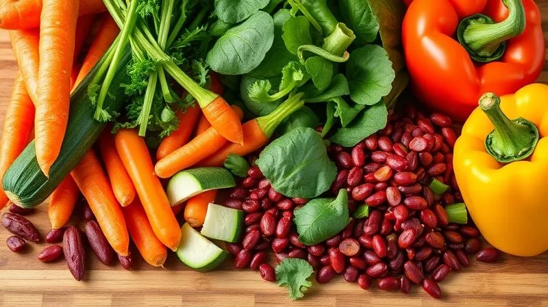 Photorealistic, vibrant close-up of a variety of fresh, colorful vegetables – carrots, celery, zucchini, spinach, bell peppers, and red lentils – artfully arranged on a wooden chopping board, ready to be added to a soup. The image emphasizes freshness and natural ingredients. 8K, cinematic lighting, sharp focus, depth of field, shot on a high-end DSLR.