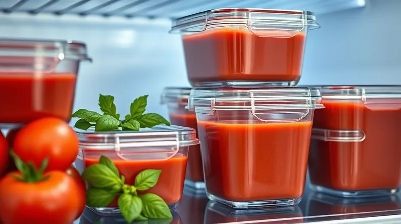 Photorealistic, professional photography of clear glass meal prep containers filled with vibrant tomato soup, neatly stacked in a refrigerator. Fresh ingredients like basil and ripe tomatoes are visible nearby. The scene conveys organization, health, and convenience. 8K, cinematic lighting, sharp focus, depth of field, shot on a high-end DSLR.