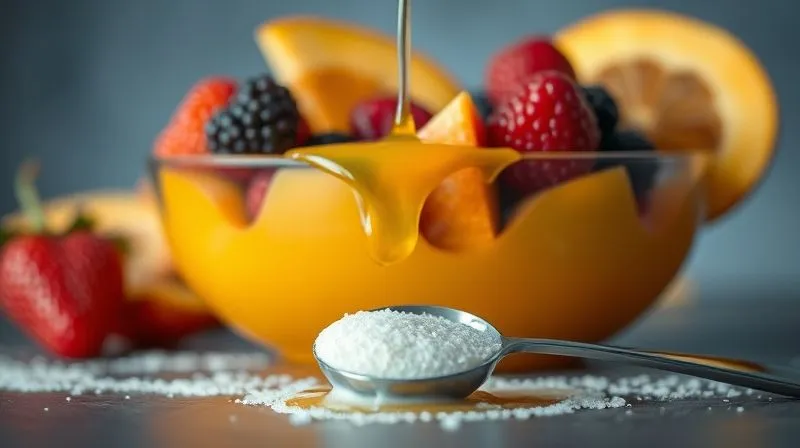 A close-up of a vibrant fruit bowl, but with an exaggerated amount of sugary syrup dripping over it, slightly out of focus, while in the foreground, a single, lonely protein scoop lies untouched. Photorealistic, professional photography, 8K, cinematic lighting, sharp focus, depth of field, shot on a high-end DSLR.