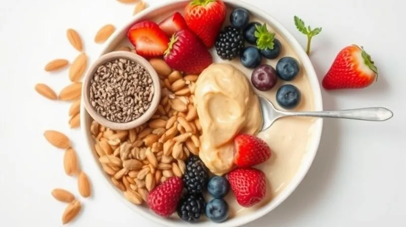 A visually appealing, neatly arranged flat lay of various fruit bowl toppings: a small bowl of chia seeds, a handful of almonds, a spoon of natural peanut butter, and a scattering of fresh berries. Photorealistic, professional photography, 8K, cinematic lighting, sharp focus, depth of field, shot on a high-end DSLR.