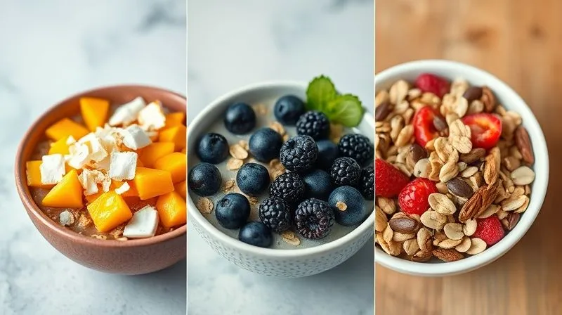 A trio of distinct, beautifully styled fruit bowls presented side-by-side. One is tropical-themed with mango and coconut, another with dark berries and oats, and the third a vibrant mix with nuts and seeds. Each bowl is meticulously arranged, showcasing the ingredients. Photorealistic, professional photography, 8K, cinematic lighting, sharp focus, depth of field, shot on a high-end DSLR.