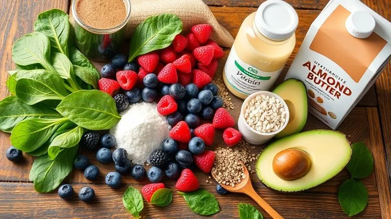 Photorealistic, professional photography, 8K, cinematic lighting, sharp focus, depth of field, shot on a high-end DSLR. A vibrant flat lay of various healthy smoothie ingredients: a scoop of white protein powder, fresh spinach leaves, mixed berries (blueberries, raspberries), chia seeds, a sliced avocado, a jar of natural almond butter, and a carton of unsweetened almond milk. The ingredients are artfully arranged on a rustic wooden table, bathed in soft, natural light, emphasizing their freshness and nutritional value. The mood is clean, healthy, and inspiring.