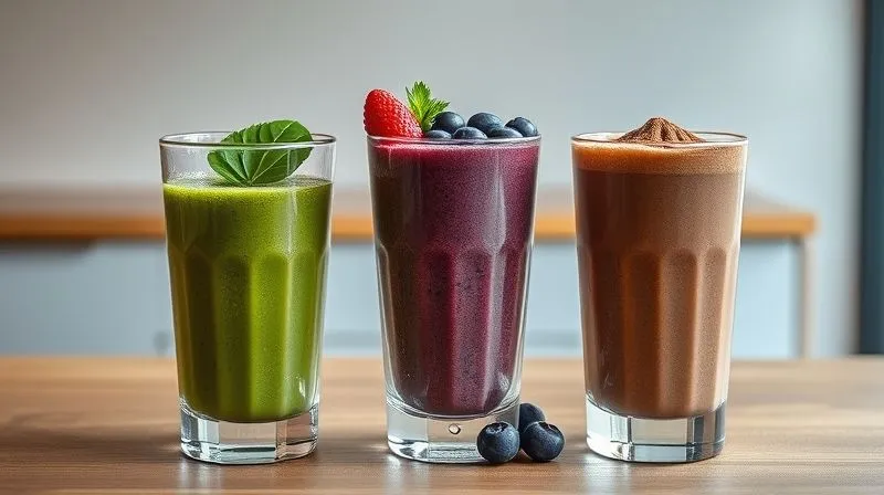 Photorealistic, professional photography, 8K, cinematic lighting, sharp focus, depth of field, shot on a high-end DSLR. Three distinct, beautifully prepared protein smoothies in elegant glasses on a clean, minimalist wooden counter. One is a vibrant green smoothie with a spinach leaf garnish, another a rich purple berry smoothie with a few fresh berries on top, and the third a decadent chocolate smoothie dusted with cocoa powder. Each smoothie looks perfectly blended, inviting, and healthy, with soft, natural light highlighting their textures. The background is blurred to keep focus on the delicious drinks.