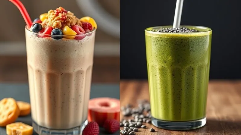 Photorealistic, professional photography, 8K, cinematic lighting, sharp focus, depth of field, shot on a high-end DSLR. A split image showing two contrasting protein smoothies. On the left, a large, overly sweet-looking smoothie overflowing with sugary toppings and bright, artificial colors, representing common mistakes. On the right, a perfectly portioned, natural, and balanced green protein smoothie with a sprinkle of chia seeds, embodying the ideal. The lighting emphasizes the difference between the unhealthy excess and the healthy moderation. The mood is educational and cautionary.