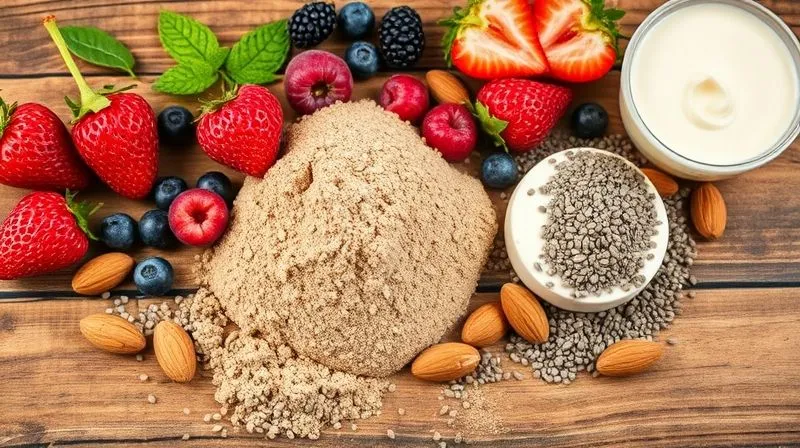 A vibrant, photorealistic flat lay of various protein dessert ingredients: a scoop of protein powder, fresh berries, chia seeds, Greek yogurt, and a few almonds, arranged aesthetically on a rustic wooden table. Professional photography, 8K, cinematic lighting, sharp focus, depth of field, shot on a high-end DSLR.