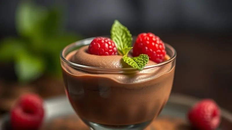 A close-up, photorealistic shot of a creamy, rich protein chocolate mousse, elegantly served in a small dessert glass, garnished with a single raspberry and a mint leaf. The texture is smooth and inviting, with soft, diffused cinematic lighting creating a luxurious feel. Professional photography, 8K, sharp focus on the mousse, depth of field blurring the background, shot on a high-end DSLR.